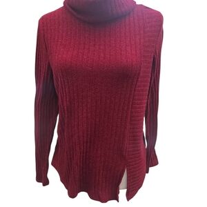 Ribbed Turtleneck Sweater in Burgundy Dark Red Lightweight Flattering
